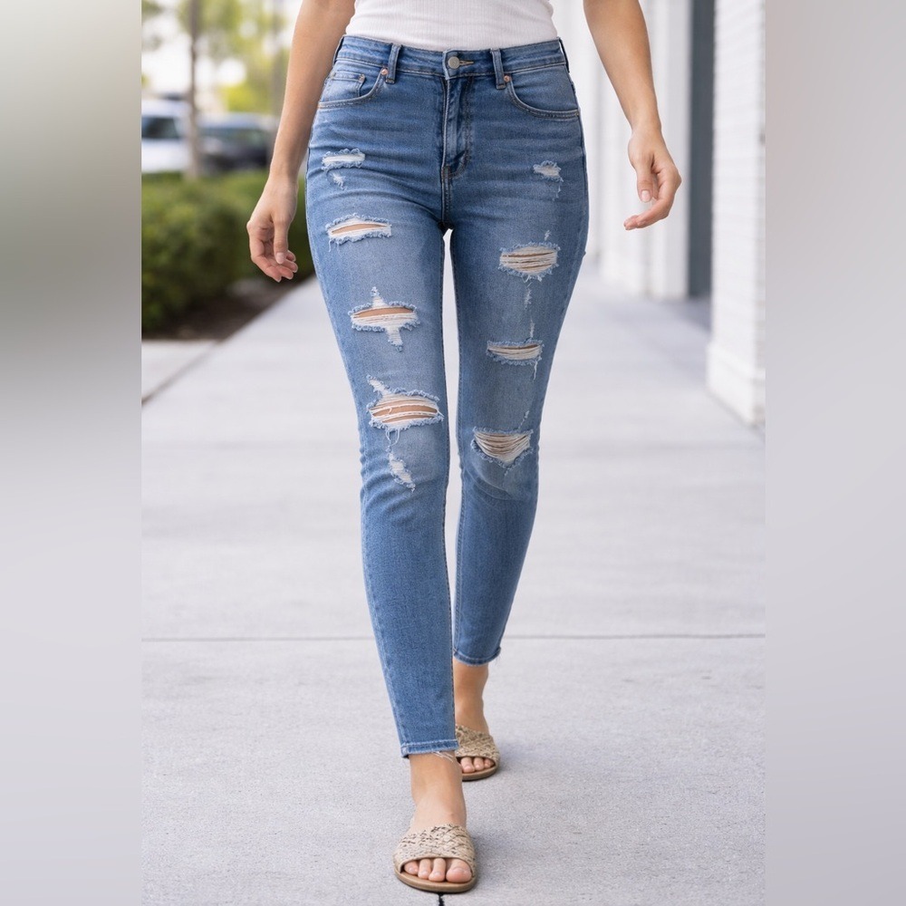 H&M‎ Curvy Jeggings Ultra High Waist Ankle Length Ripped Blue Jeans Women US 12